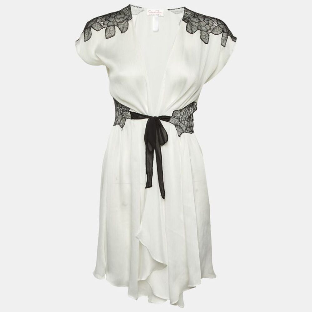 Oscar De La Renta Pink Label White Chiffon Lace Trim Robe S